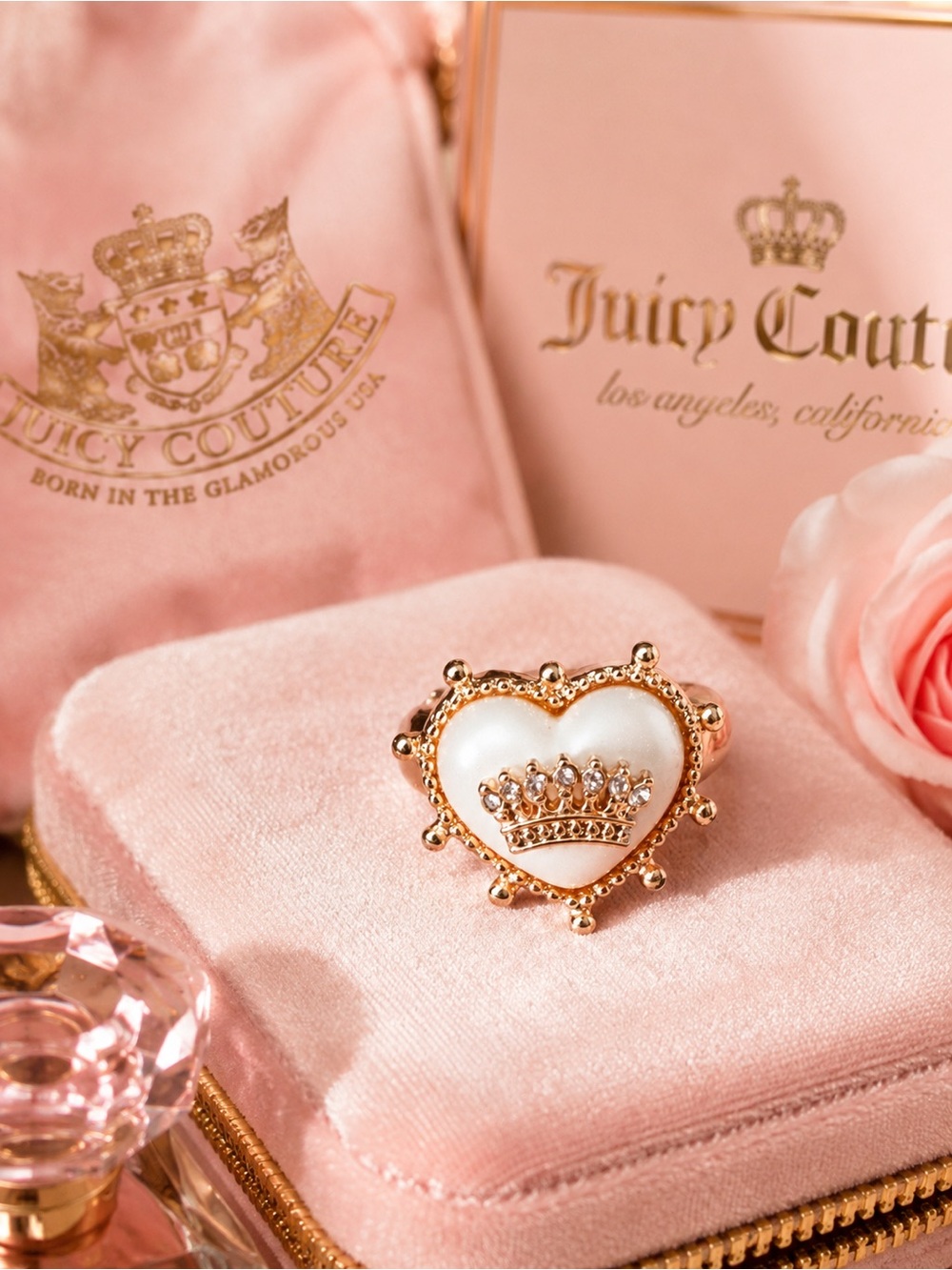 Juicy Couture Gold Crown Pearl Heart Statement Ring